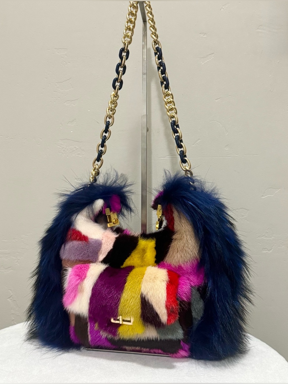 Colorful Real Mink Fur Handmade Multi-Way in Bag with Finn Raccoon Fur Sides